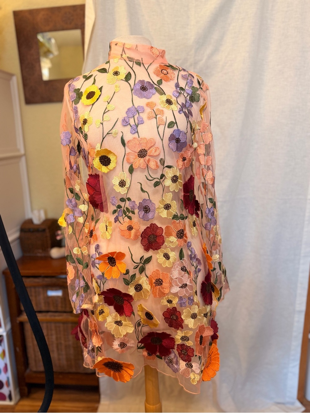 Sheer Floral Embroidered Mini Dress - Peach Base with Multicolor Flowers